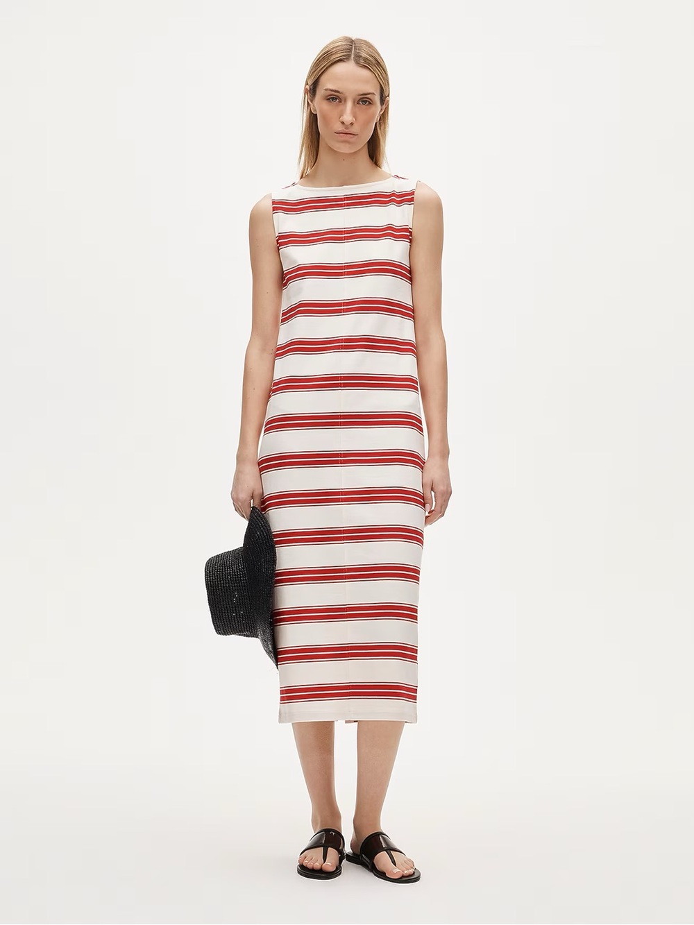 J. Crew Red and White Striped Sleeveless Midi Dress